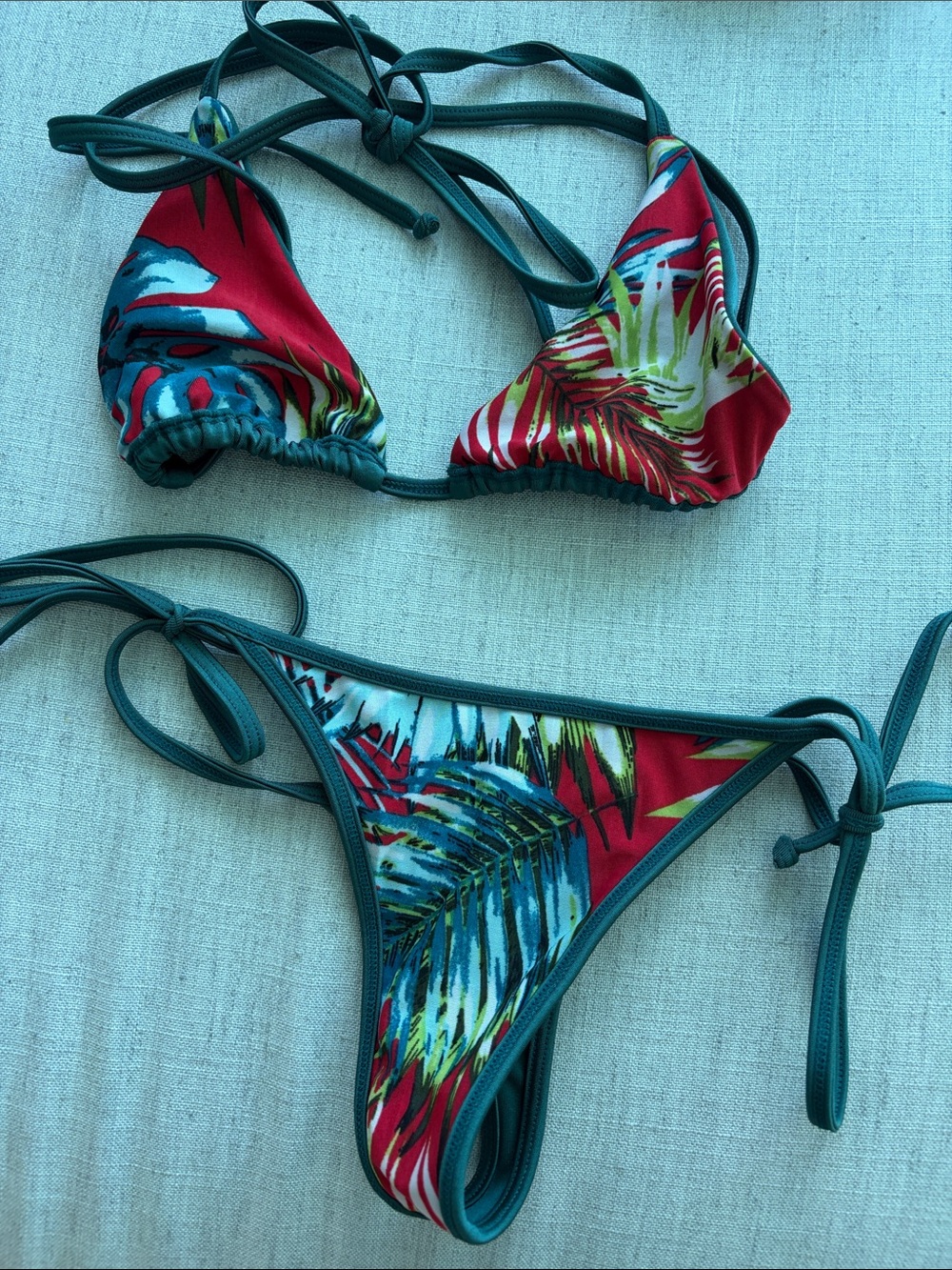 Double sided Red Tropical Print Tie-Side Bikini Set